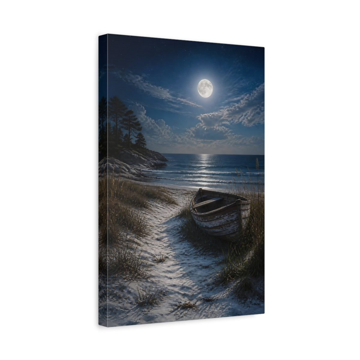 Side Mockup 4. Nature Moon, Boat Moonlit Beach shown as stretched canvas wall art