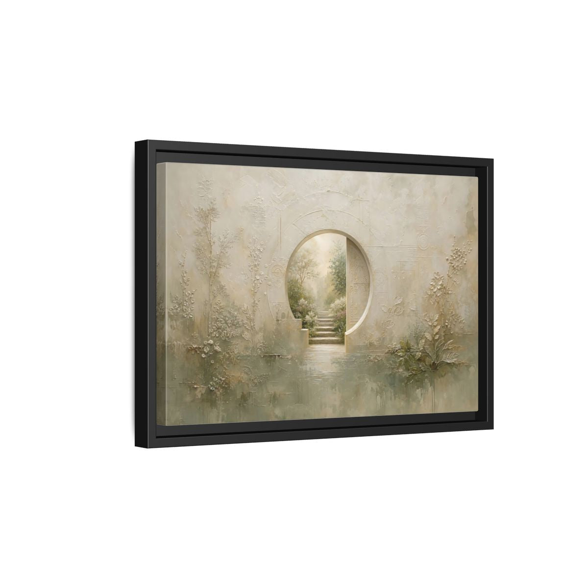 Side Mockup 6. Nature Moon Gate Beige Green Nature shown as stretched canvas wall art