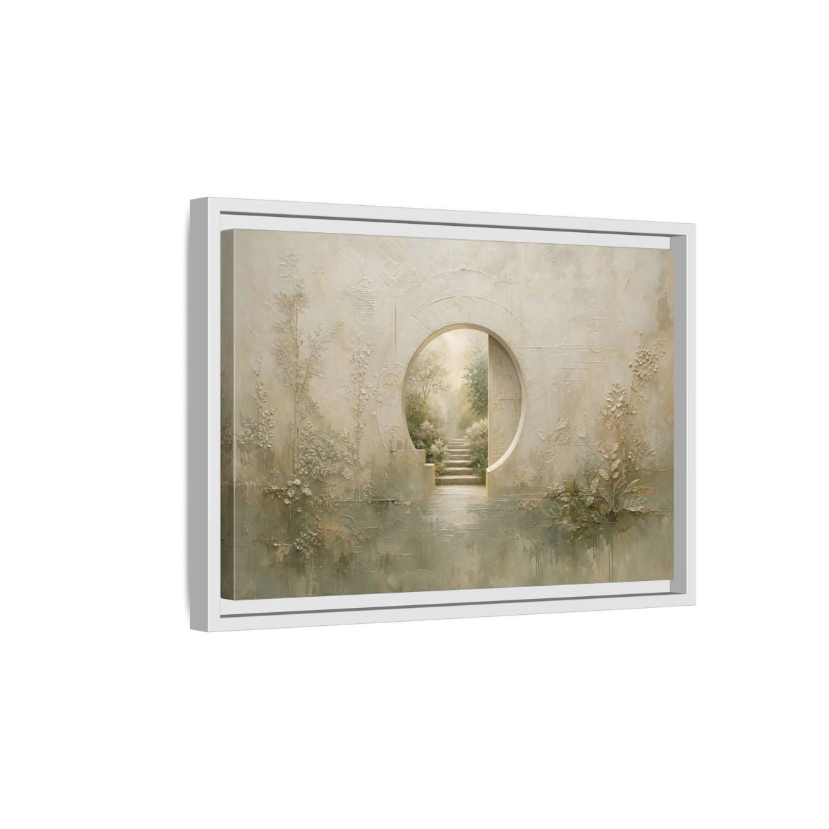 Side Mockup 4. Nature Moon Gate Beige Green Nature shown as stretched canvas wall art