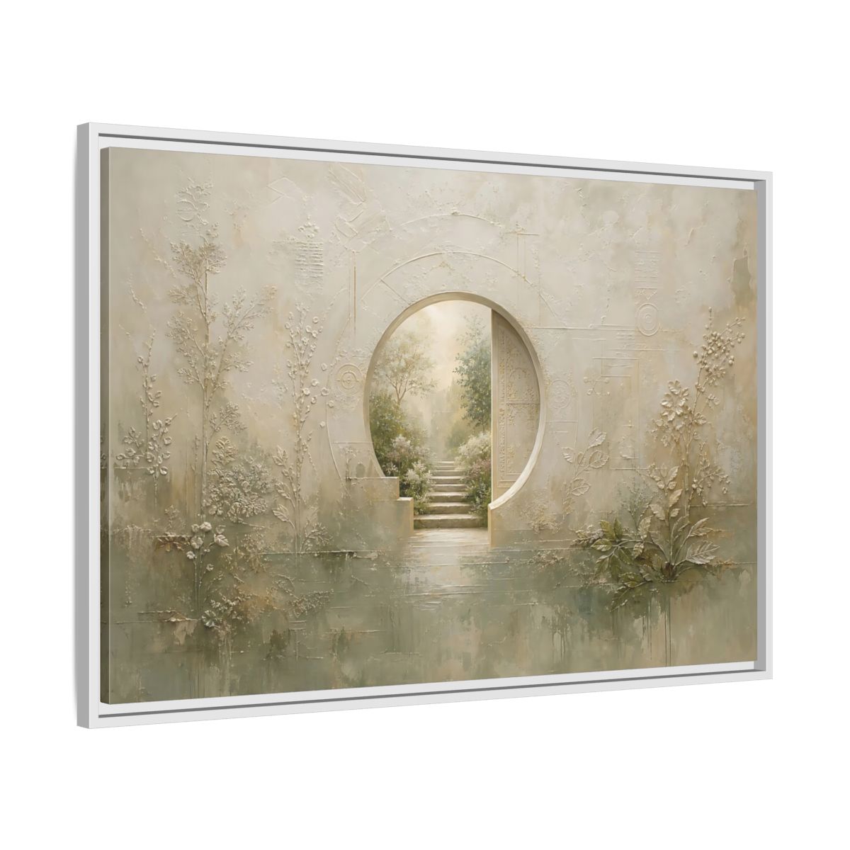 Side Mockup 9. Nature Moon Gate Beige Green Nature shown as stretched canvas wall art
