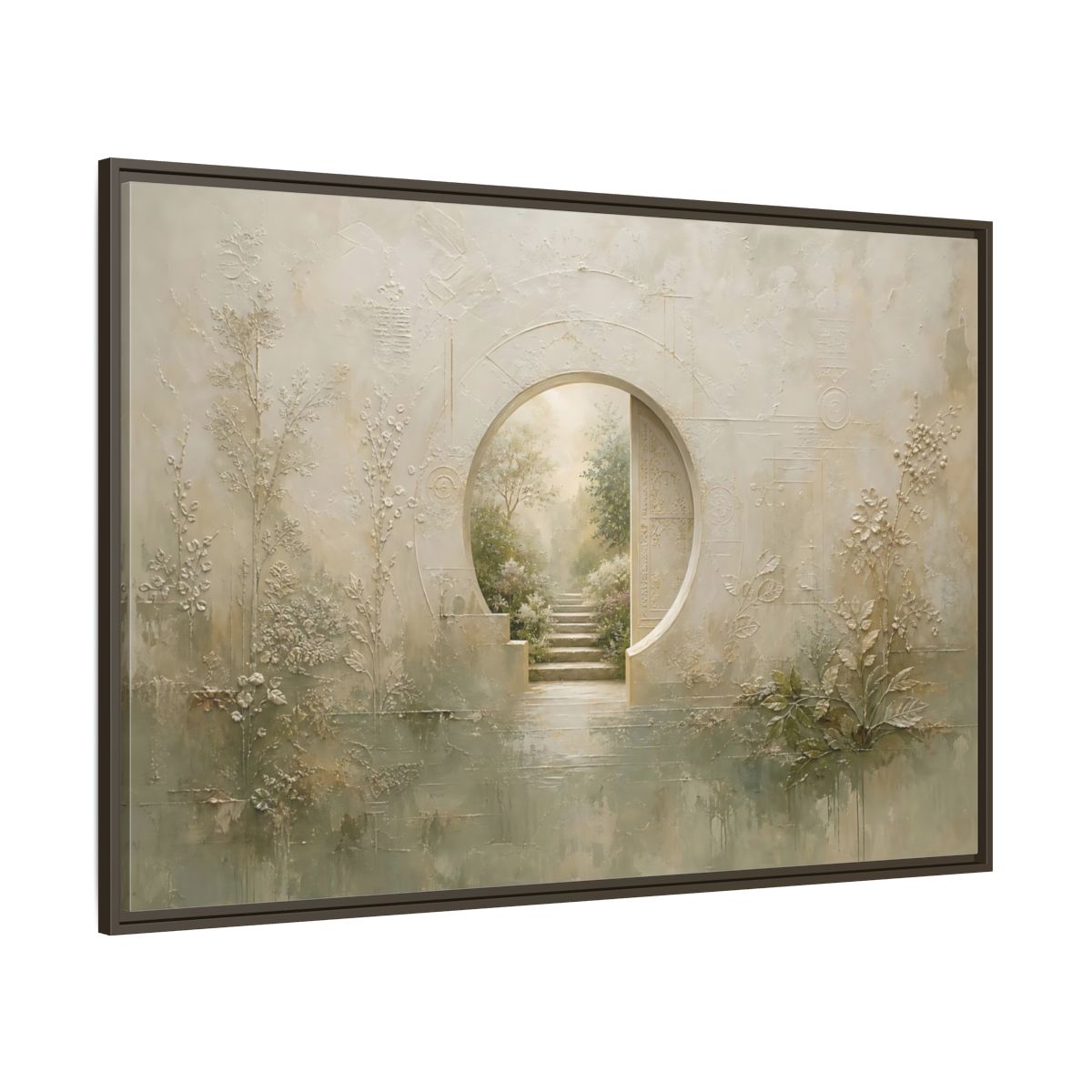 Side Mockup 8. Nature Moon Gate Beige Green Nature shown as stretched canvas wall art
