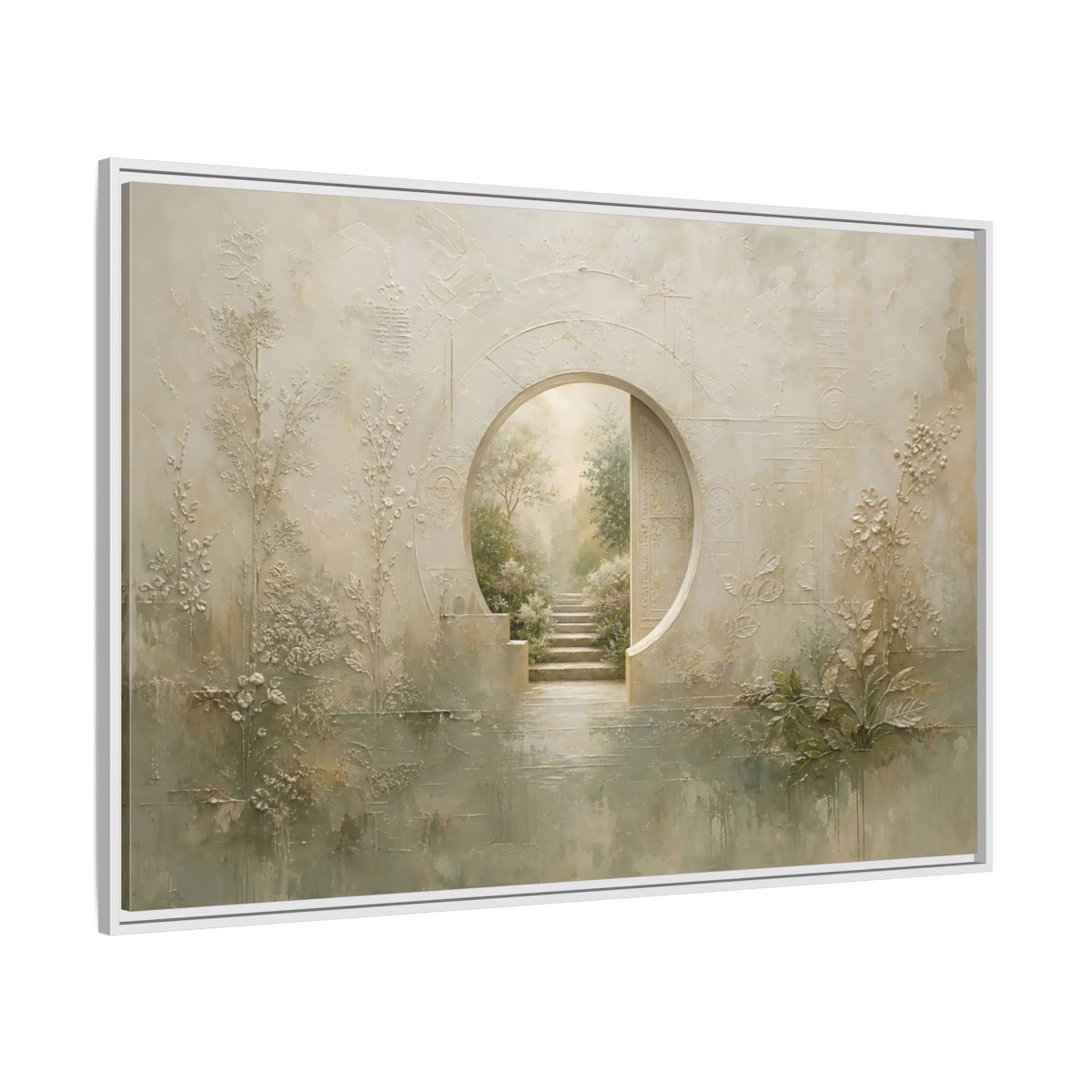Side Mockup 7. Nature Moon Gate Beige Green Nature shown as stretched canvas wall art