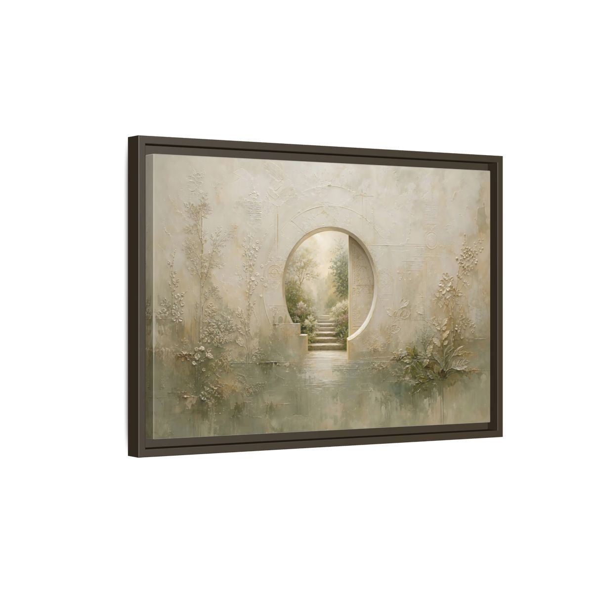 Side Mockup 2. Nature Moon Gate Beige Green Nature shown as stretched canvas wall art