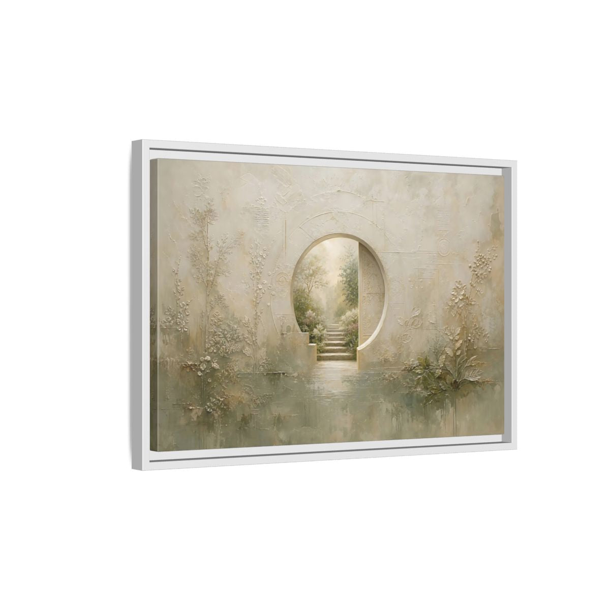 Side Mockup 1. Nature Moon Gate Beige Green Nature shown as stretched canvas wall art
