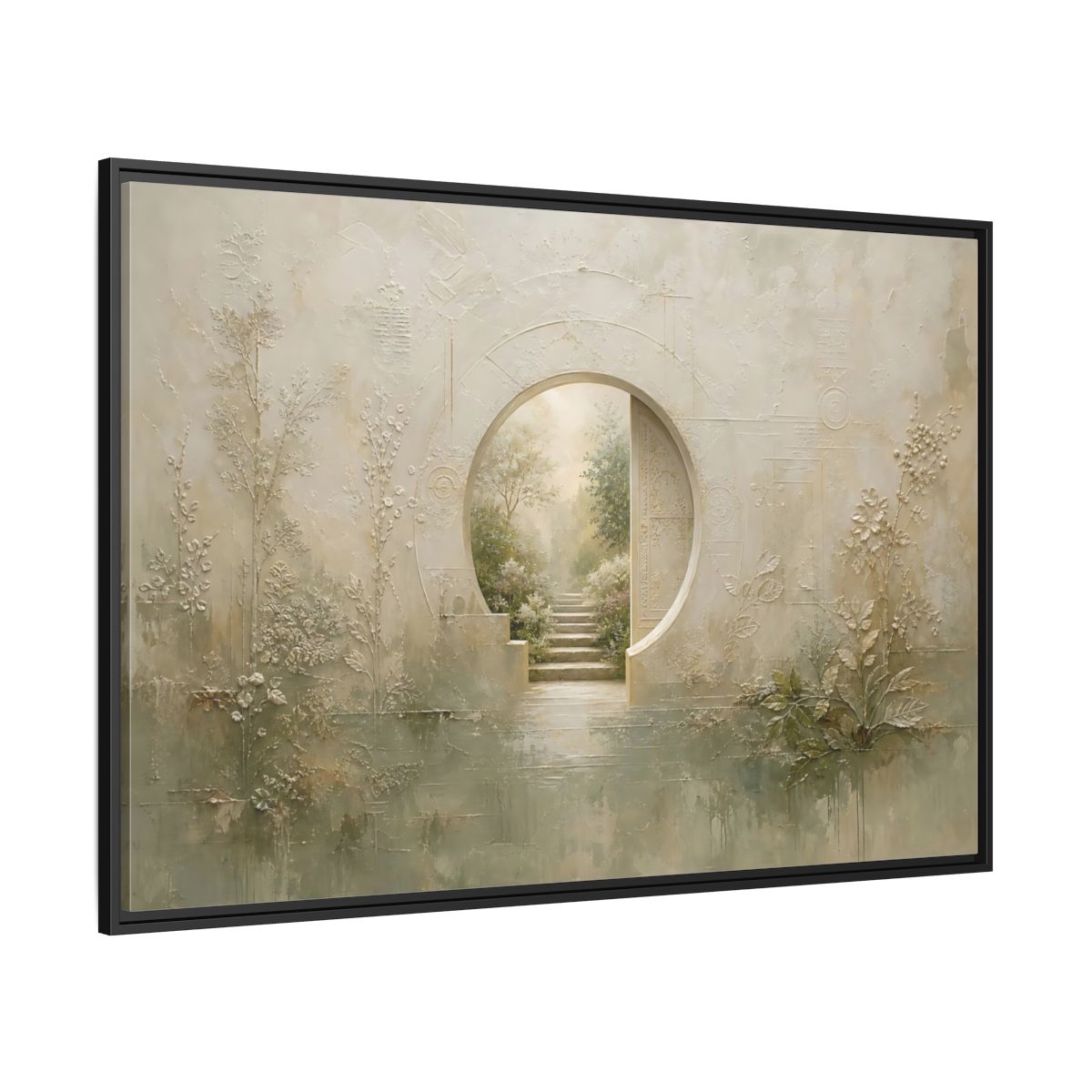 Side Mockup 12. Nature Moon Gate Beige Green Nature shown as stretched canvas wall art
