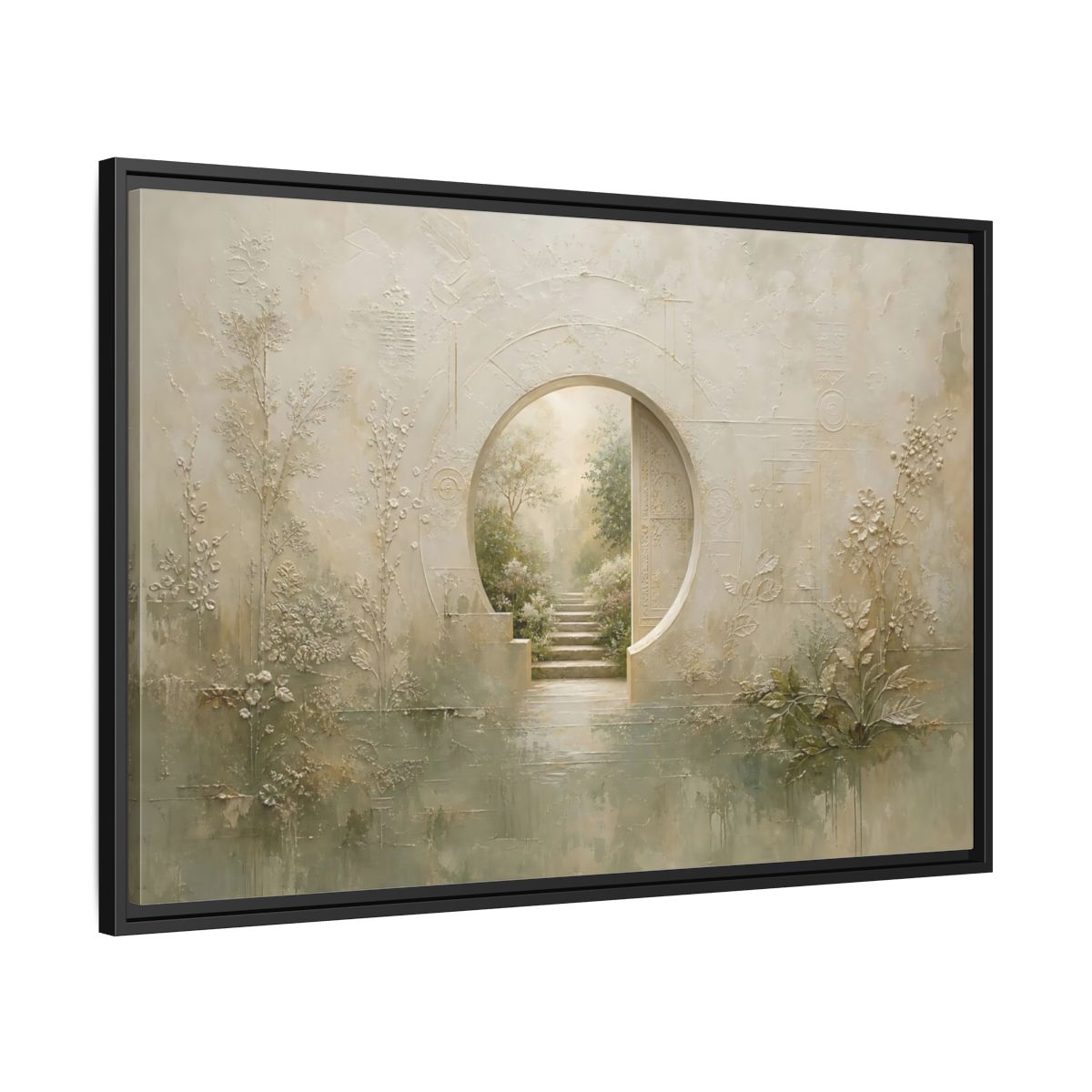 Side Mockup 13. Nature Moon Gate Beige Green Nature shown as stretched canvas wall art