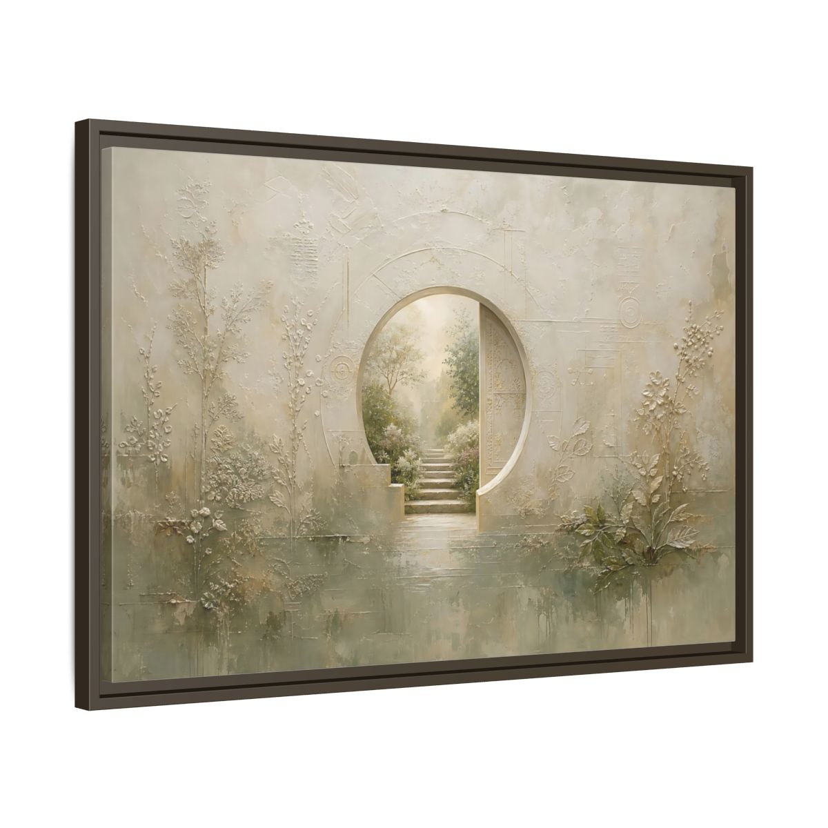 Side Mockup 11. Nature Moon Gate Beige Green Nature shown as stretched canvas wall art