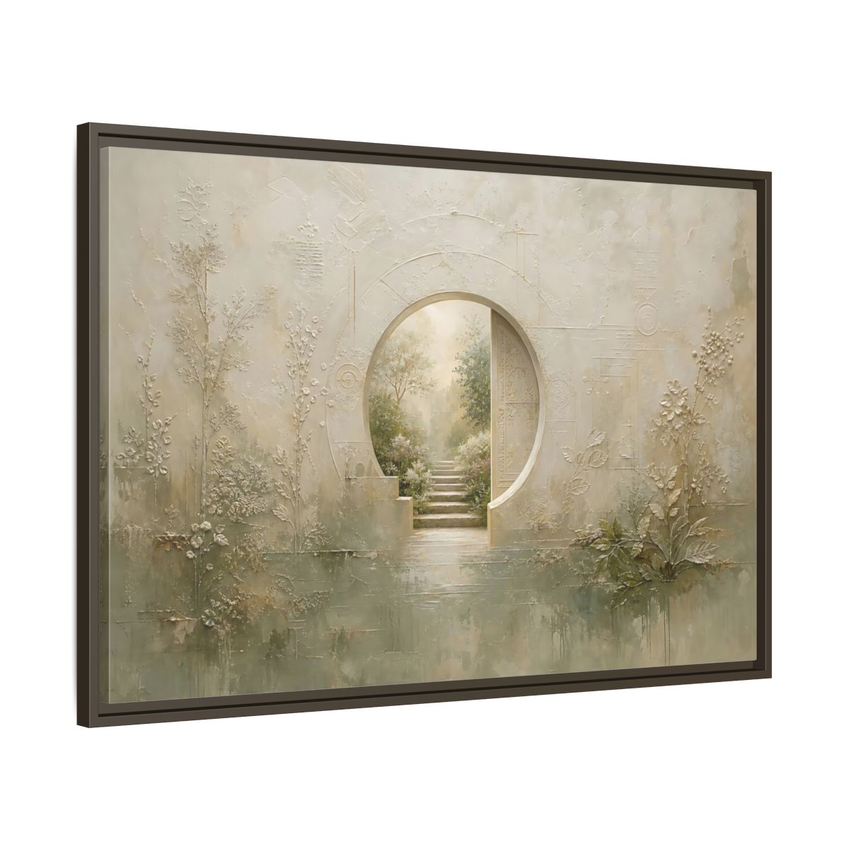 Main Mockup. Nature Moon Gate Beige Green Nature shown as stretched canvas wall art