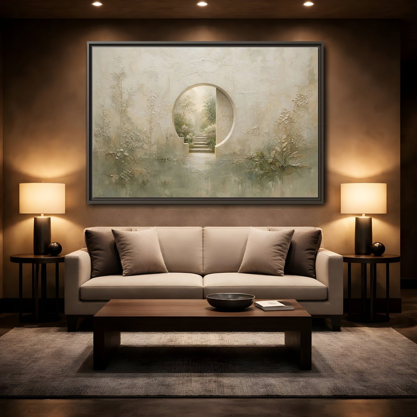 Mockup 2. Nature Moon Gate Beige Green Nature shown as stretched canvas wall art