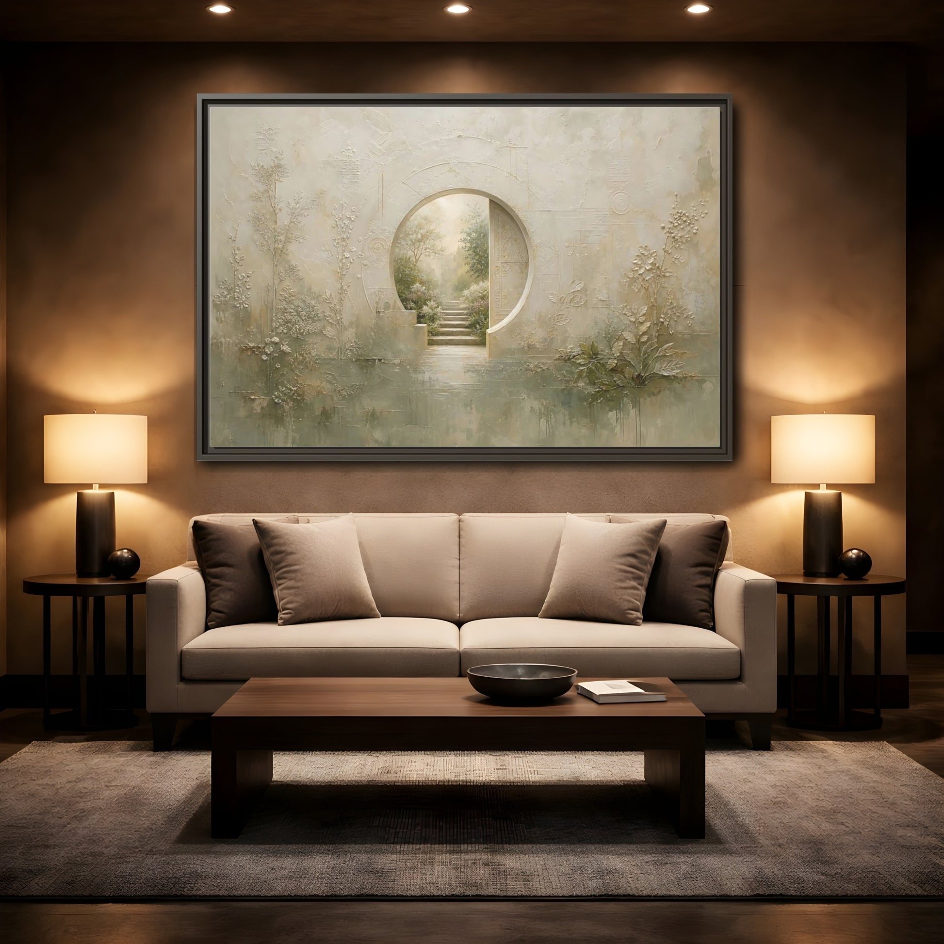 Mockup 2. Nature Moon Gate Beige Green Nature shown as stretched canvas wall art