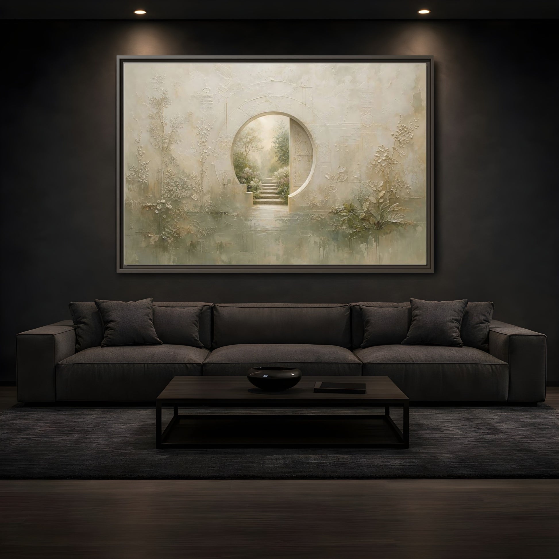 Mockup 3. Nature Moon Gate Beige Green Nature shown as stretched canvas wall art