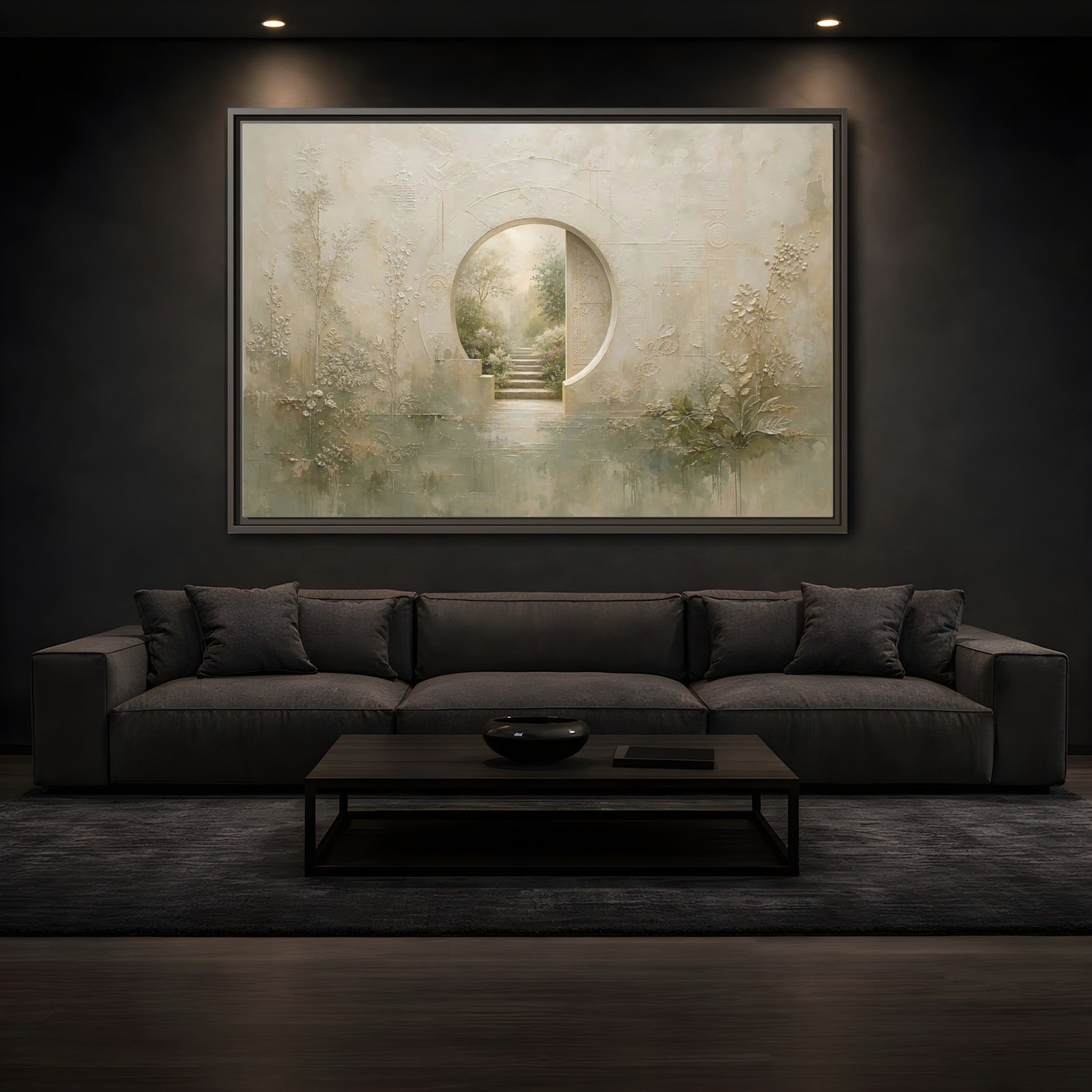 Mockup 3. Nature Moon Gate Beige Green Nature shown as stretched canvas wall art