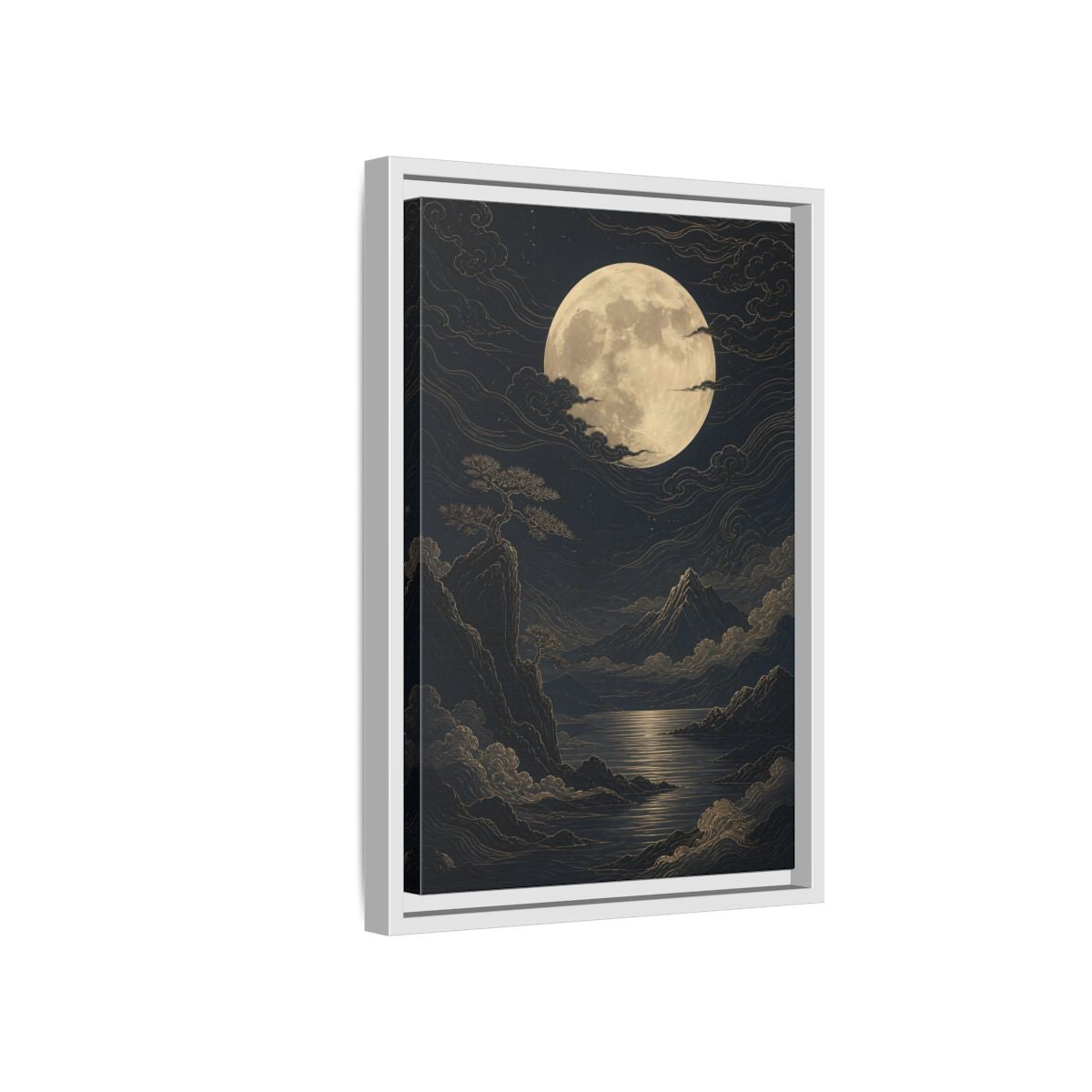 Side Mockup 4. Nature Moon Mountains Gold Moon Landscape shown as stretched canvas wall art