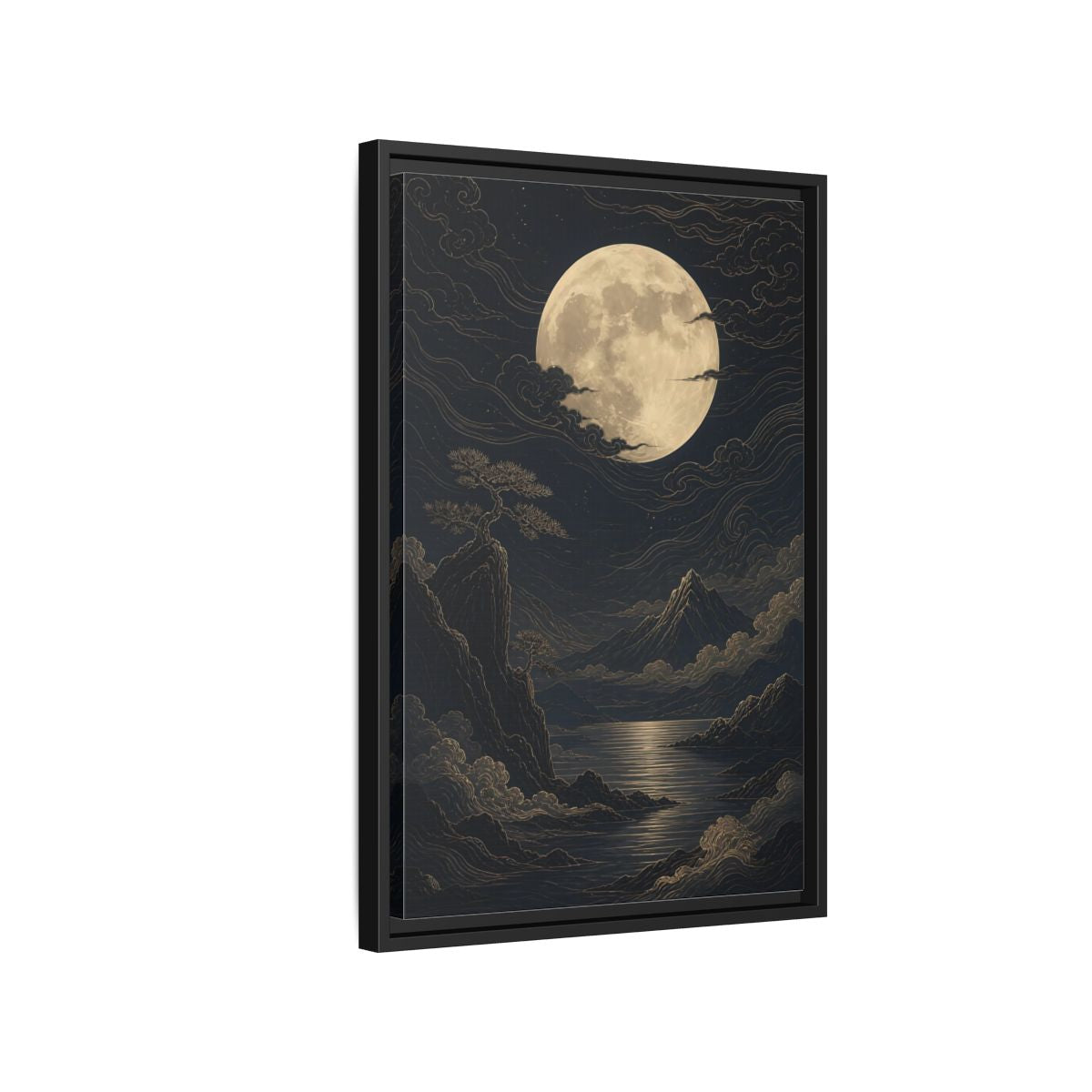 Side Mockup 3. Nature Moon Mountains Gold Moon Landscape shown as stretched canvas wall art