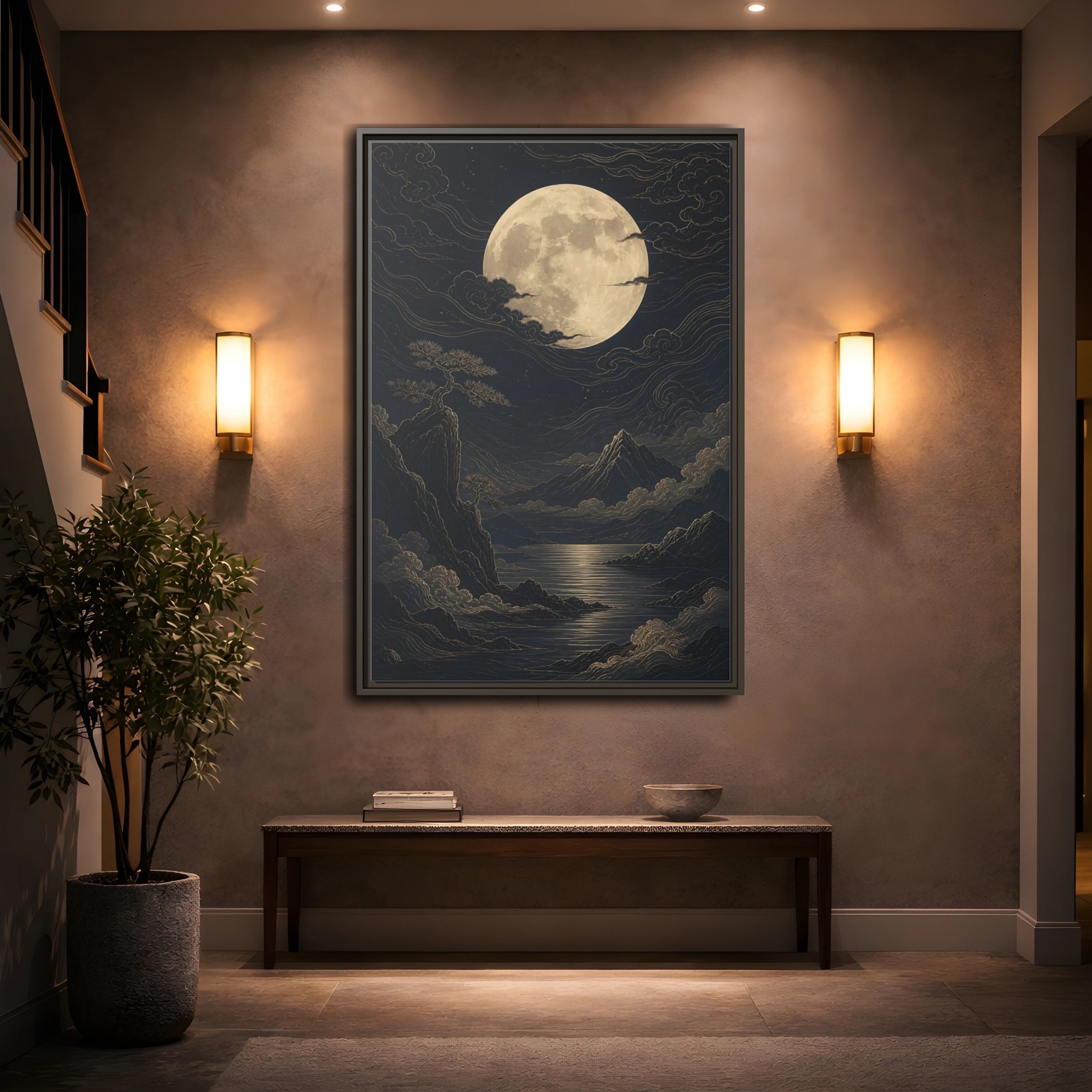 Mockup 2. Nature Moon Mountains Gold Moon Landscape shown as stretched canvas wall art