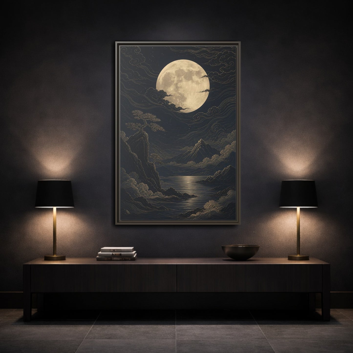 Mockup 3. Nature Moon Mountains Gold Moon Landscape shown as stretched canvas wall art