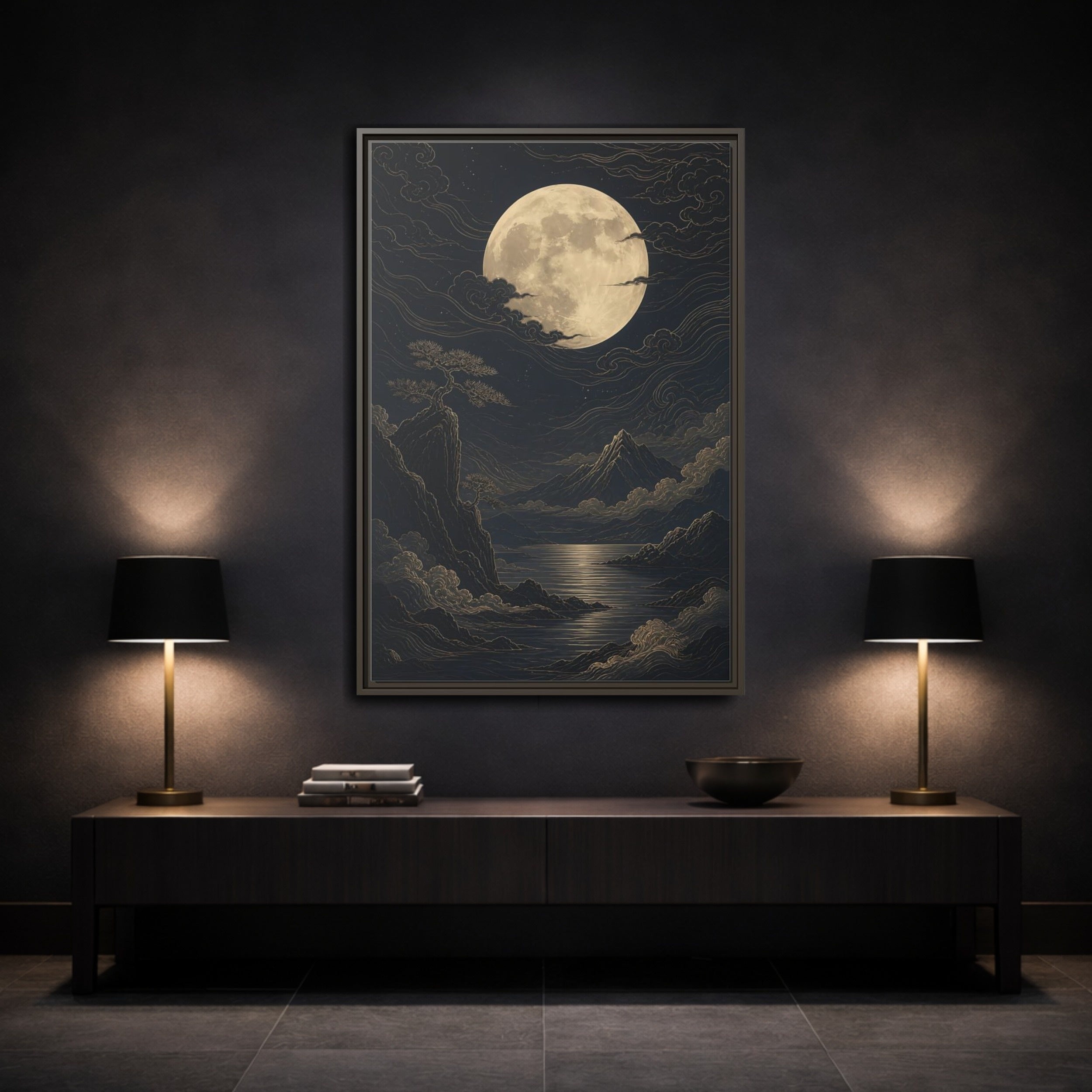Mockup 3. Nature Moon Mountains Gold Moon Landscape shown as stretched canvas wall art