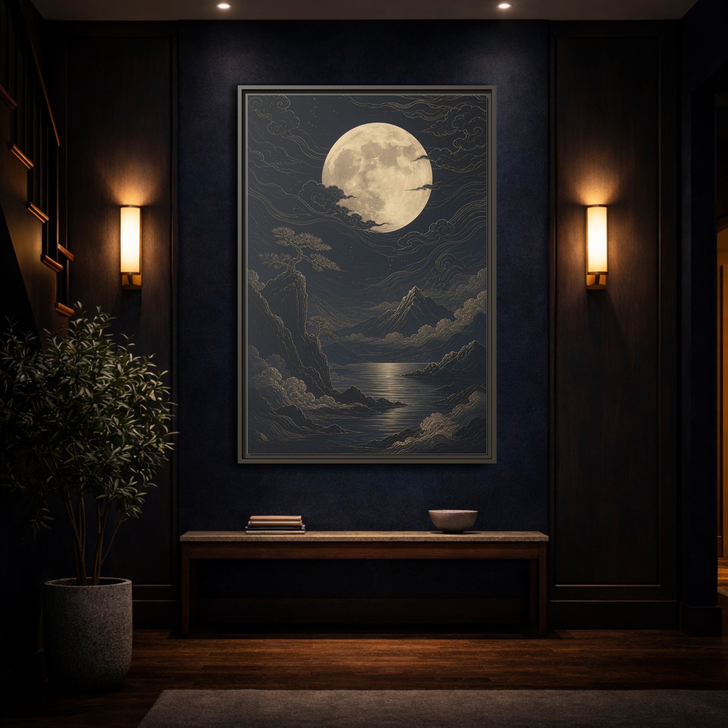 Mockup 4. Nature Moon Mountains Gold Moon Landscape shown as stretched canvas wall art