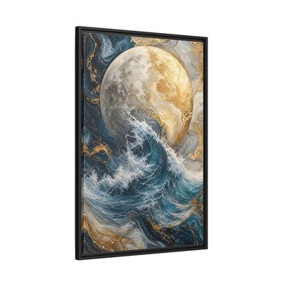 Nature Moon Wave Gold Framed Canvas Wall Art - Abstract Living Room, Above Sofa shown as canvas wall art
