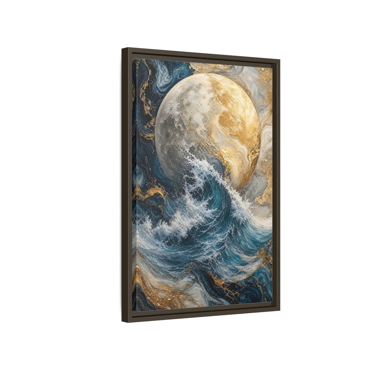 Side Mockup 2. Nature Moon Wave Gold Moon Wave shown as stretched canvas wall art