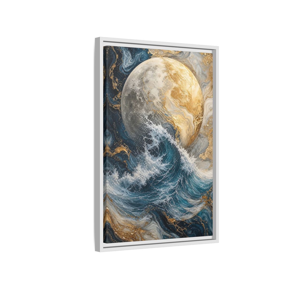 Side Mockup 1. Nature Moon Wave Gold Moon Wave shown as stretched canvas wall art