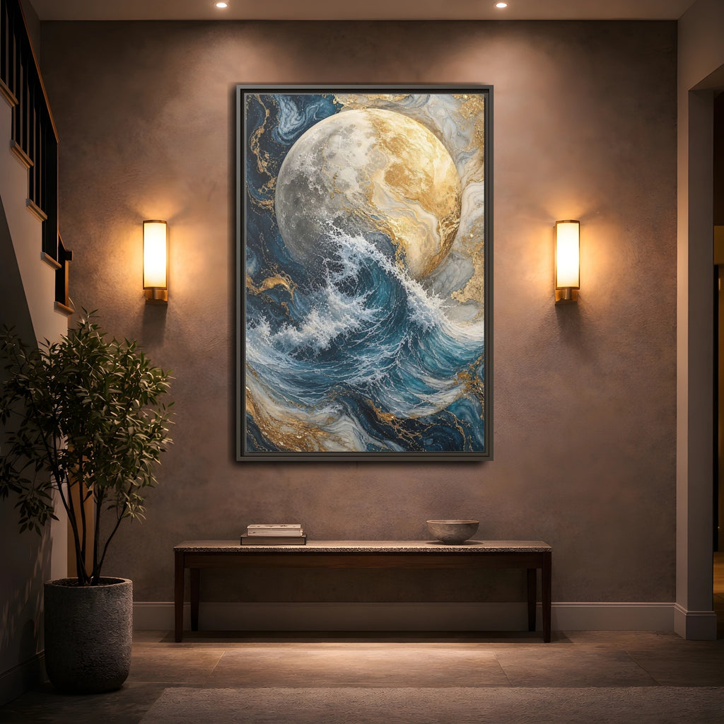 Mockup 2. Nature Moon Wave Gold Moon Wave shown as stretched canvas wall art