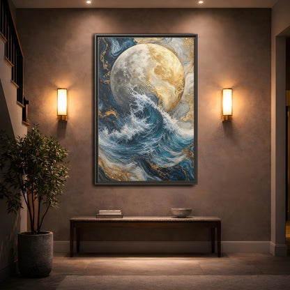 Nature Moon Wave Gold Framed Canvas Wall Art - Abstract Living Room, Above Sofa shown as canvas wall art