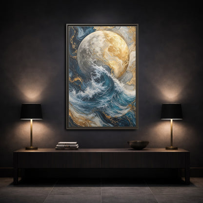 Nature Moon Wave Gold Framed Canvas Wall Art - Abstract Living Room, Above Sofa shown as canvas wall art