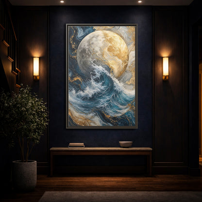 Nature Moon Wave Gold Framed Canvas Wall Art - Abstract Living Room, Above Sofa shown as canvas wall art