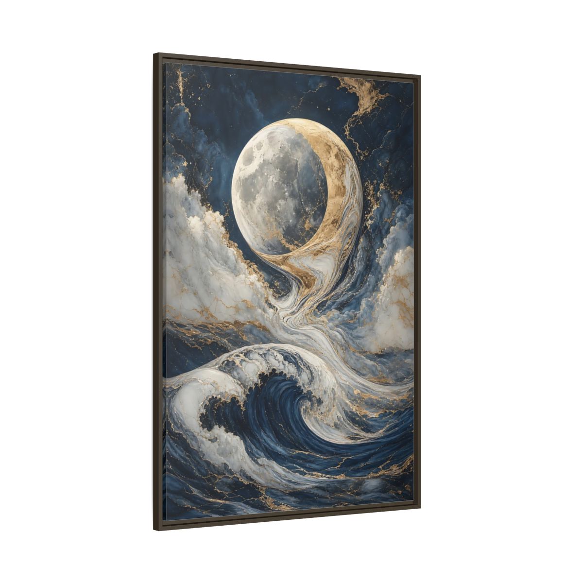 Side Mockup 8. Nature Moon Waves Blue Gold Waves shown as stretched canvas wall art