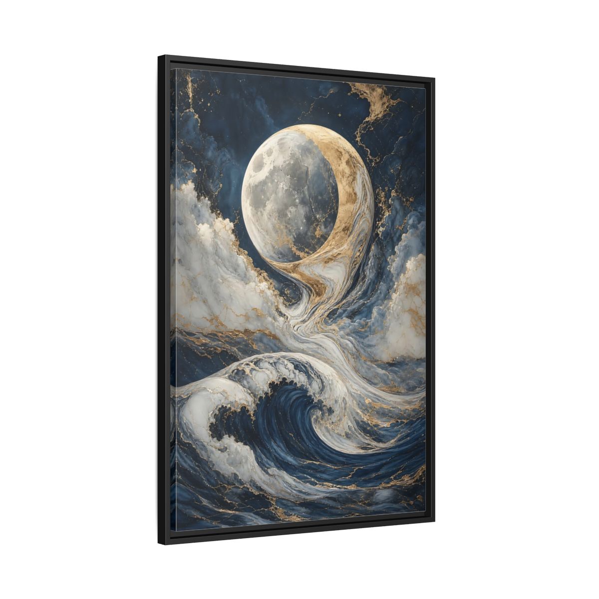 Side Mockup 13. Nature Moon Waves Blue Gold Waves shown as stretched canvas wall art