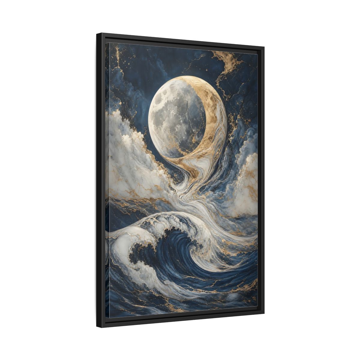 Side Mockup 14. Nature Moon Waves Blue Gold Waves shown as stretched canvas wall art