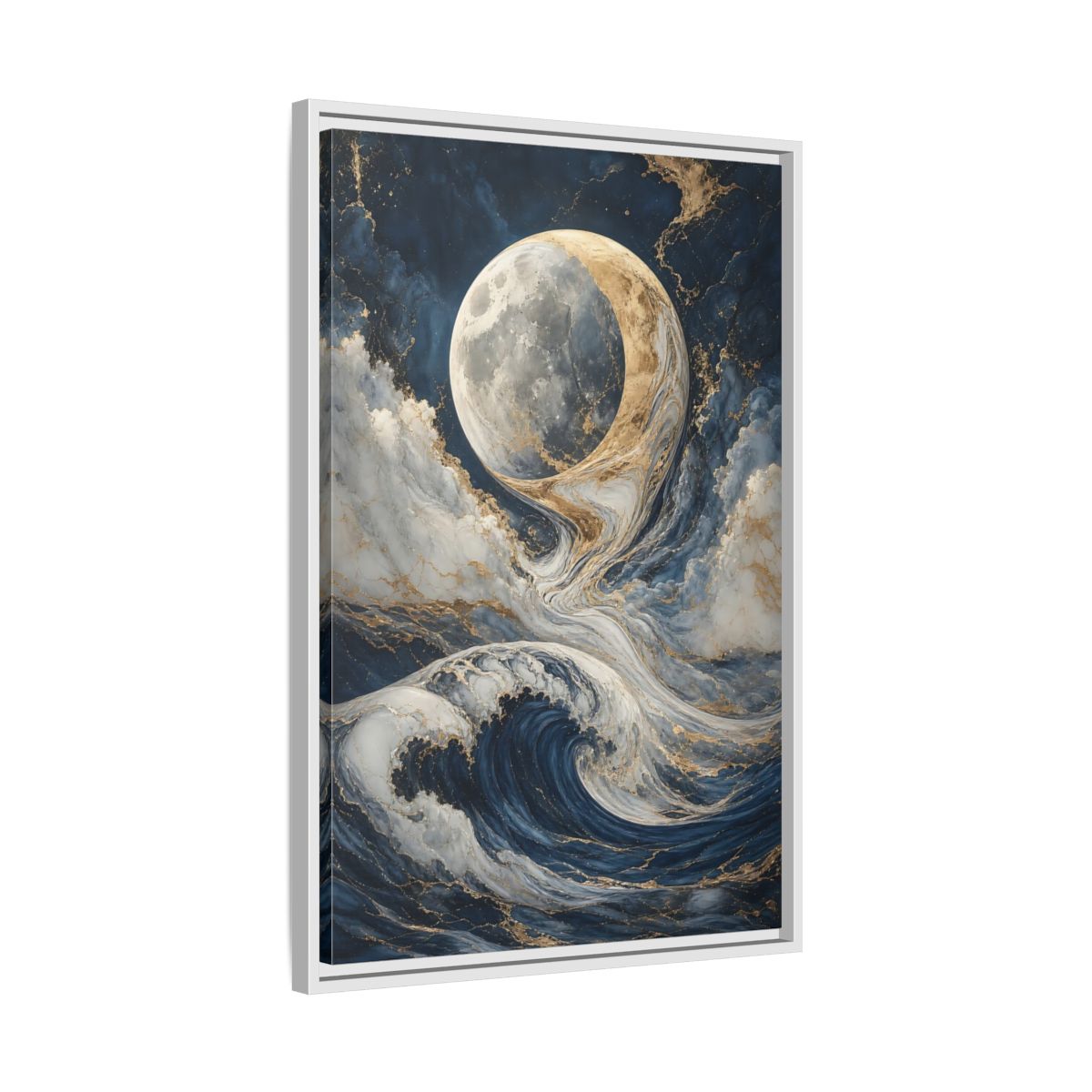 Side Mockup 10. Nature Moon Waves Blue Gold Waves shown as stretched canvas wall art