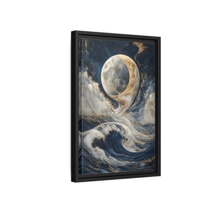 Nature Moon Waves Blue Gold Framed Canvas Wall Art - Abstract Living Room, Above Couch shown as canvas wall art