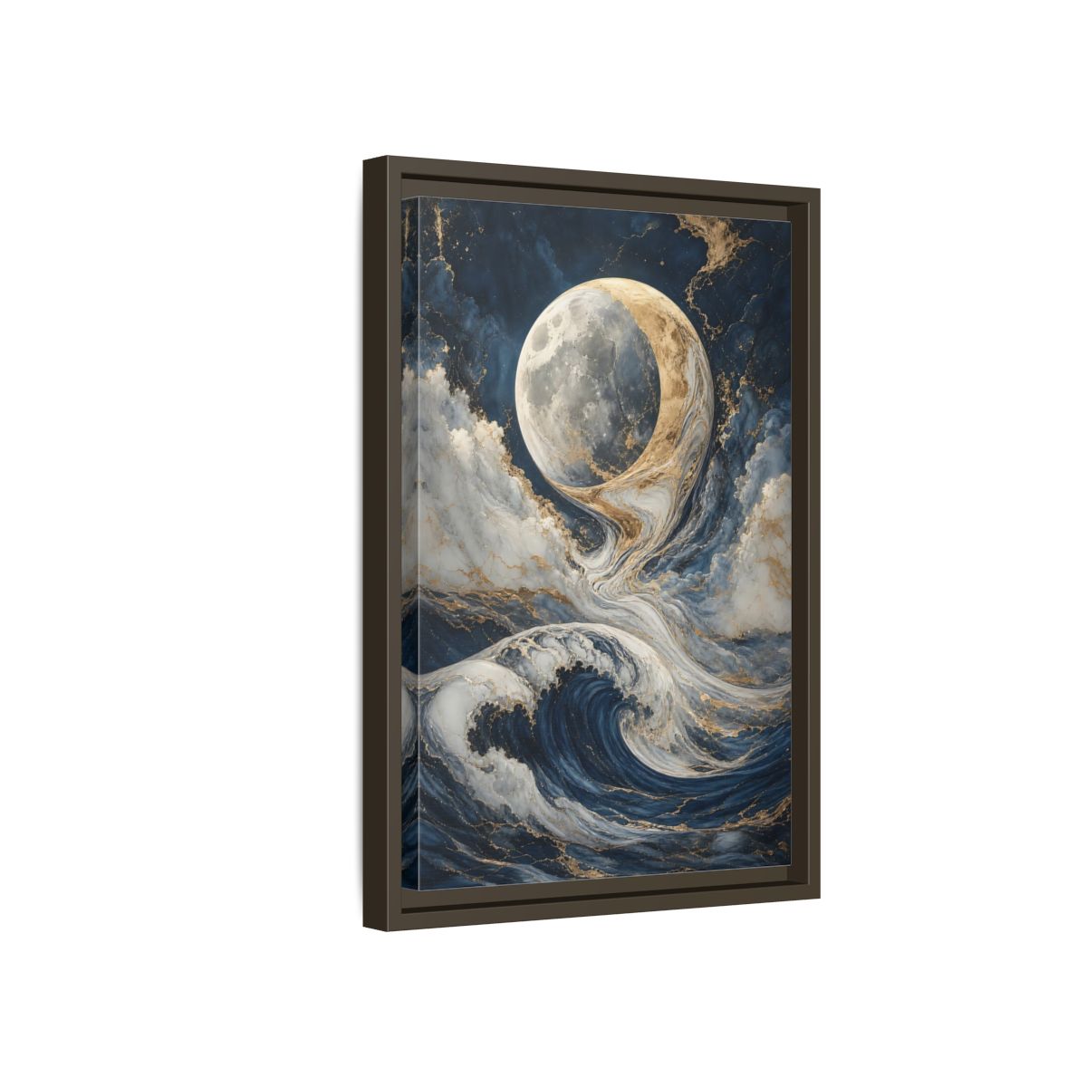 Side Mockup 5. Nature Moon Waves Blue Gold Waves shown as stretched canvas wall art