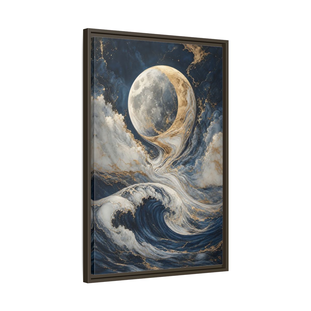 Side Mockup 11. Nature Moon Waves Blue Gold Waves shown as stretched canvas wall art