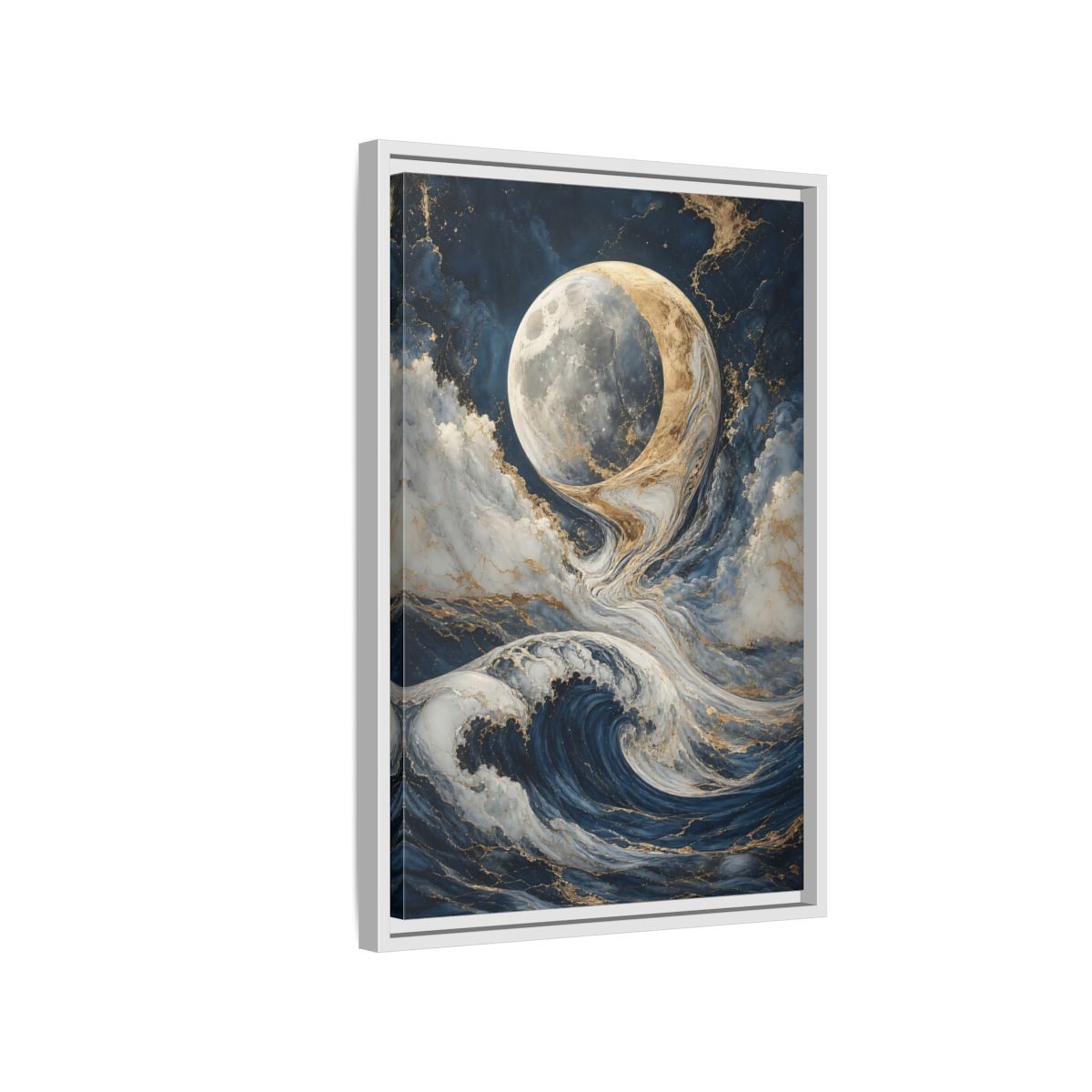 Side Mockup 1. Nature Moon Waves Blue Gold Waves shown as stretched canvas wall art