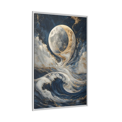 Nature Moon Waves Blue Gold Framed Canvas Wall Art - Abstract Living Room, Above Couch shown as canvas wall art