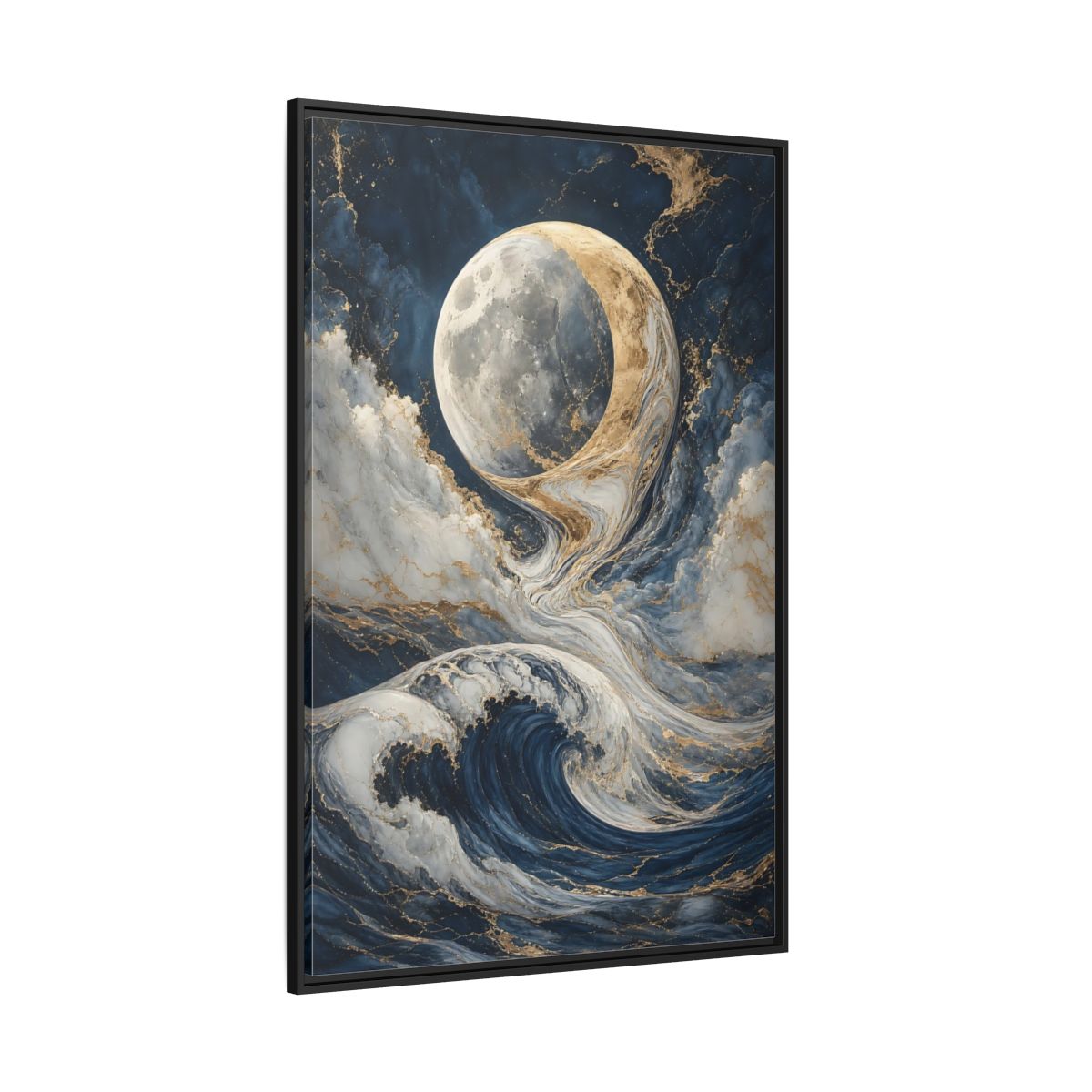 Side Mockup 12. Nature Moon Waves Blue Gold Waves shown as stretched canvas wall art