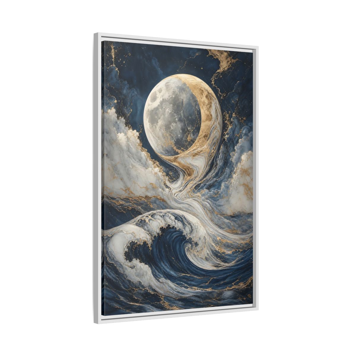 Side Mockup 9. Nature Moon Waves Blue Gold Waves shown as stretched canvas wall art