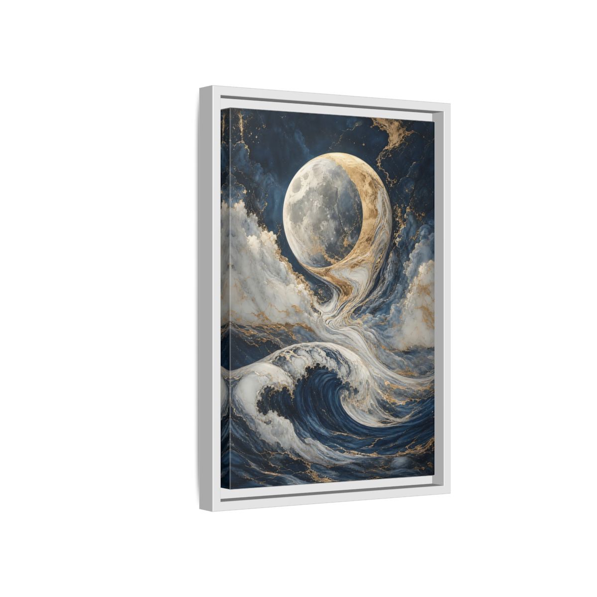 Side Mockup 4. Nature Moon Waves Blue Gold Waves shown as stretched canvas wall art