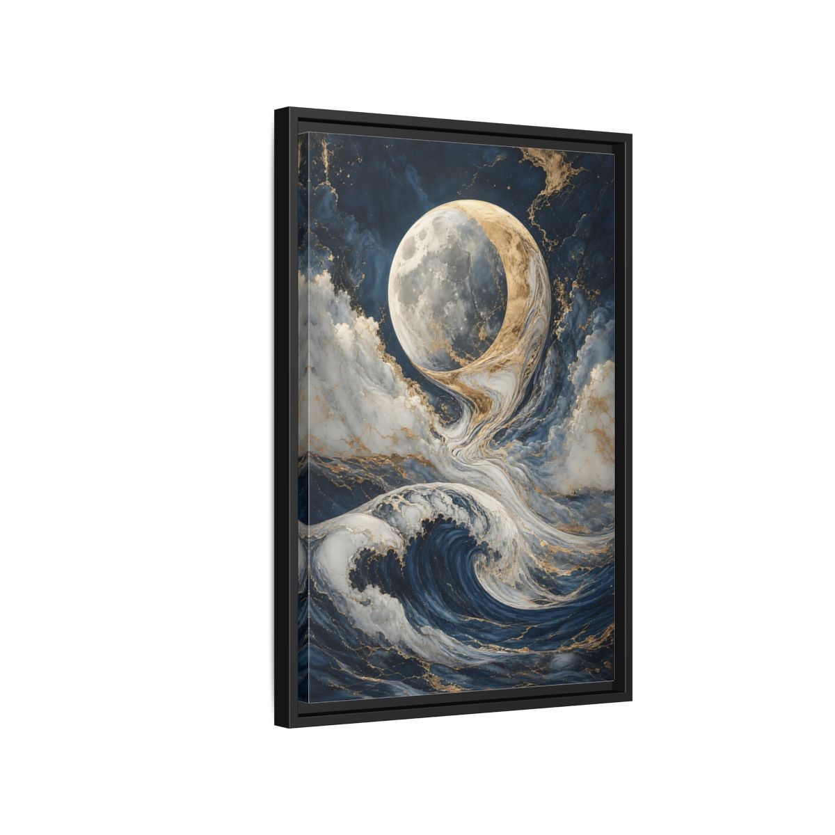 Side Mockup 3. Nature Moon Waves Blue Gold Waves shown as stretched canvas wall art