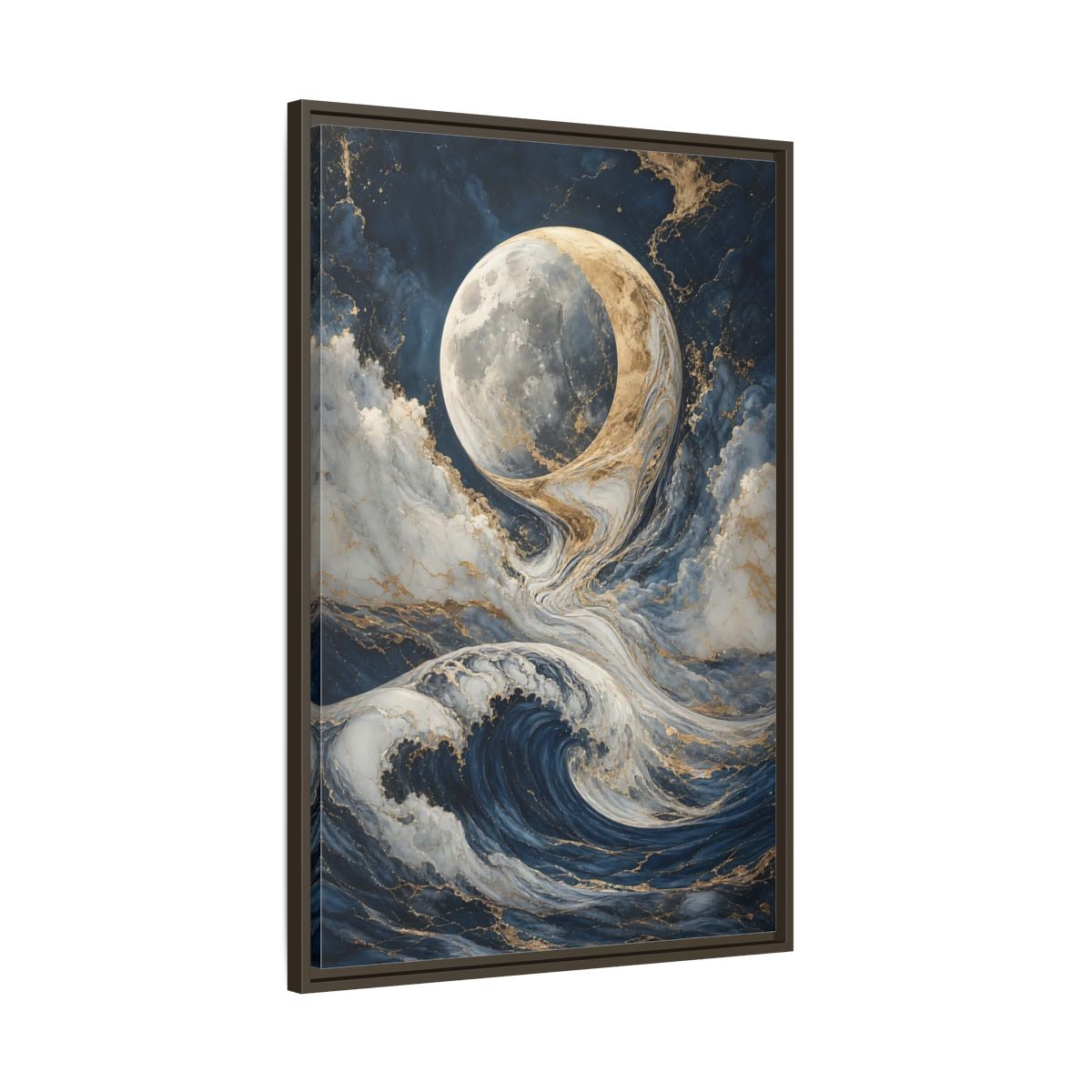 Main Mockup. Nature Moon Waves Blue Gold Waves shown as stretched canvas wall art