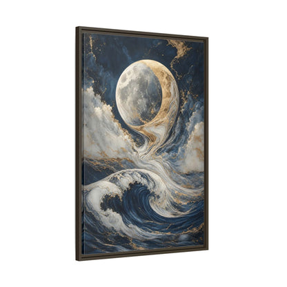 Nature Moon Waves Blue Gold Framed Canvas Wall Art - Abstract Living Room, Above Couch shown as canvas wall art