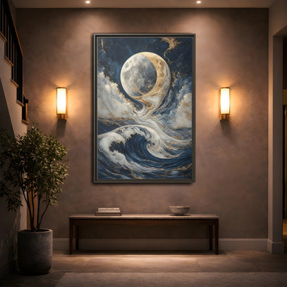 Nature Moon Waves Blue Gold Framed Canvas Wall Art - Abstract Living Room, Above Couch shown as canvas wall art