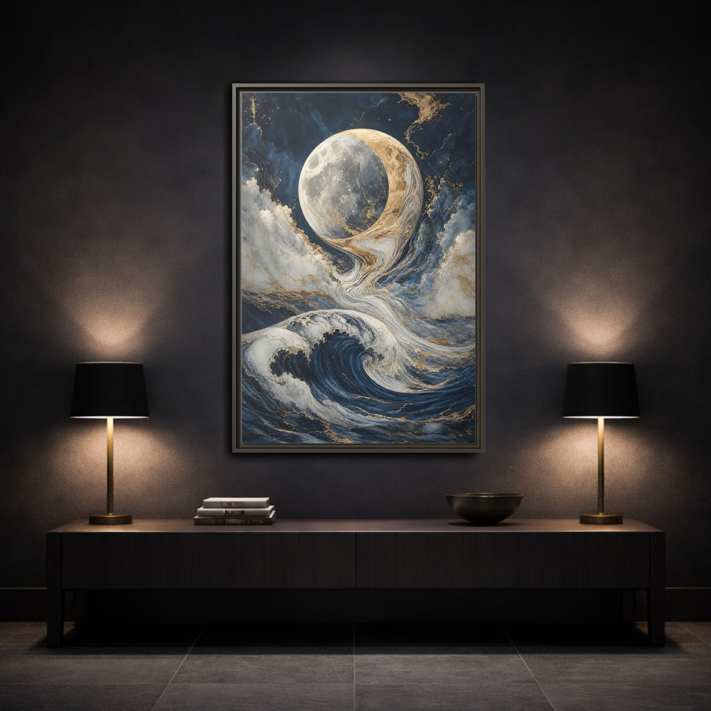 Mockup 3. Nature Moon Waves Blue Gold Waves shown as stretched canvas wall art