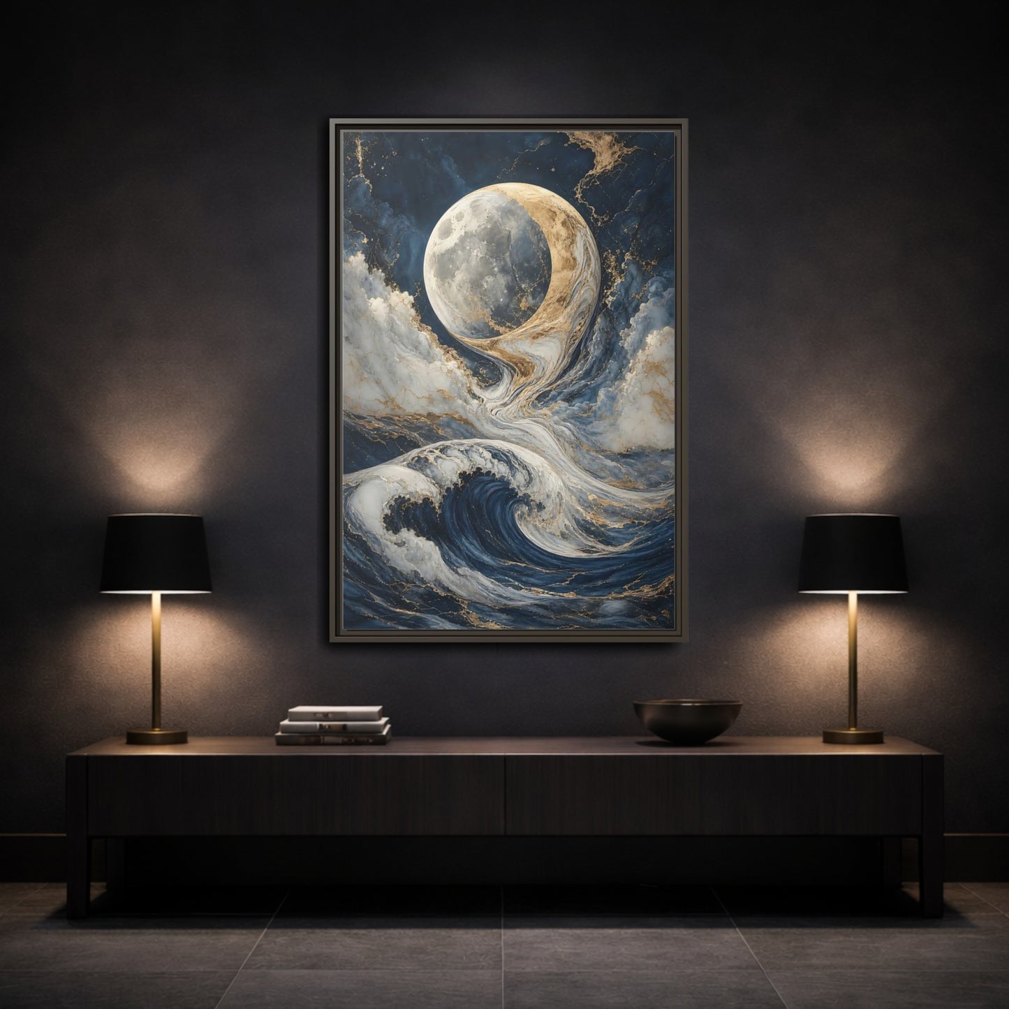 Nature Moon Waves Blue Gold Framed Canvas Wall Art - Abstract Living Room, Above Couch shown as canvas wall art