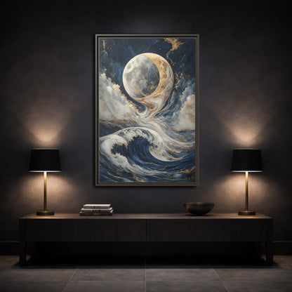 Nature Moon Waves Blue Gold Framed Canvas Wall Art - Abstract Living Room, Above Couch shown as canvas wall art