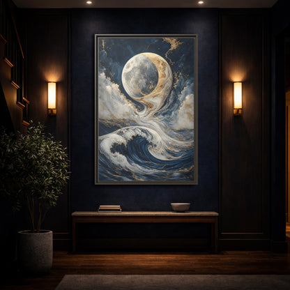 Nature Moon Waves Blue Gold Framed Canvas Wall Art - Abstract Living Room, Above Couch shown as canvas wall art