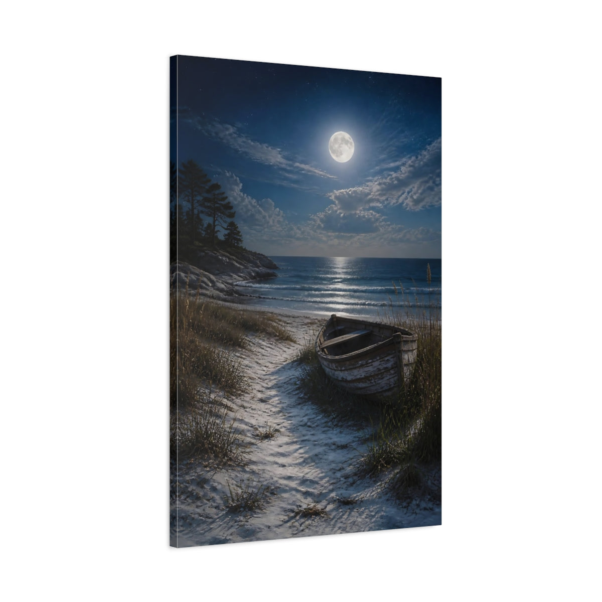 Main Mockup. Nature Moon, Boat Moonlit Beach shown as stretched canvas wall art